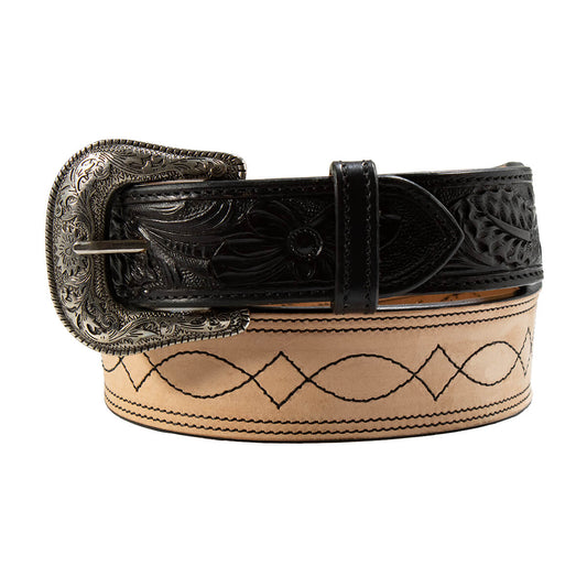 Black leather belt with intricate silver buckle on a white background