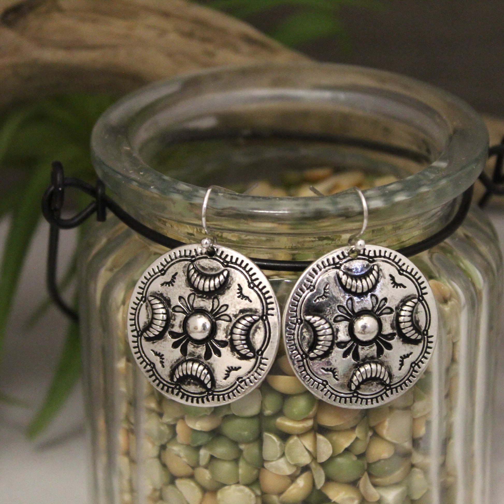 Cool effortless cowgirl silver etched Concho earrings. Antique silver in a unique design on 1" diameter earrings. Cowgirl chic earrings. You cannot go wrong with the everyday day wear earrings for you or for a gift!