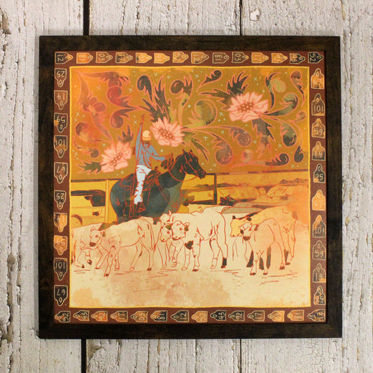 Decorative painting of a person on horseback with floral elements in a wooden frame.