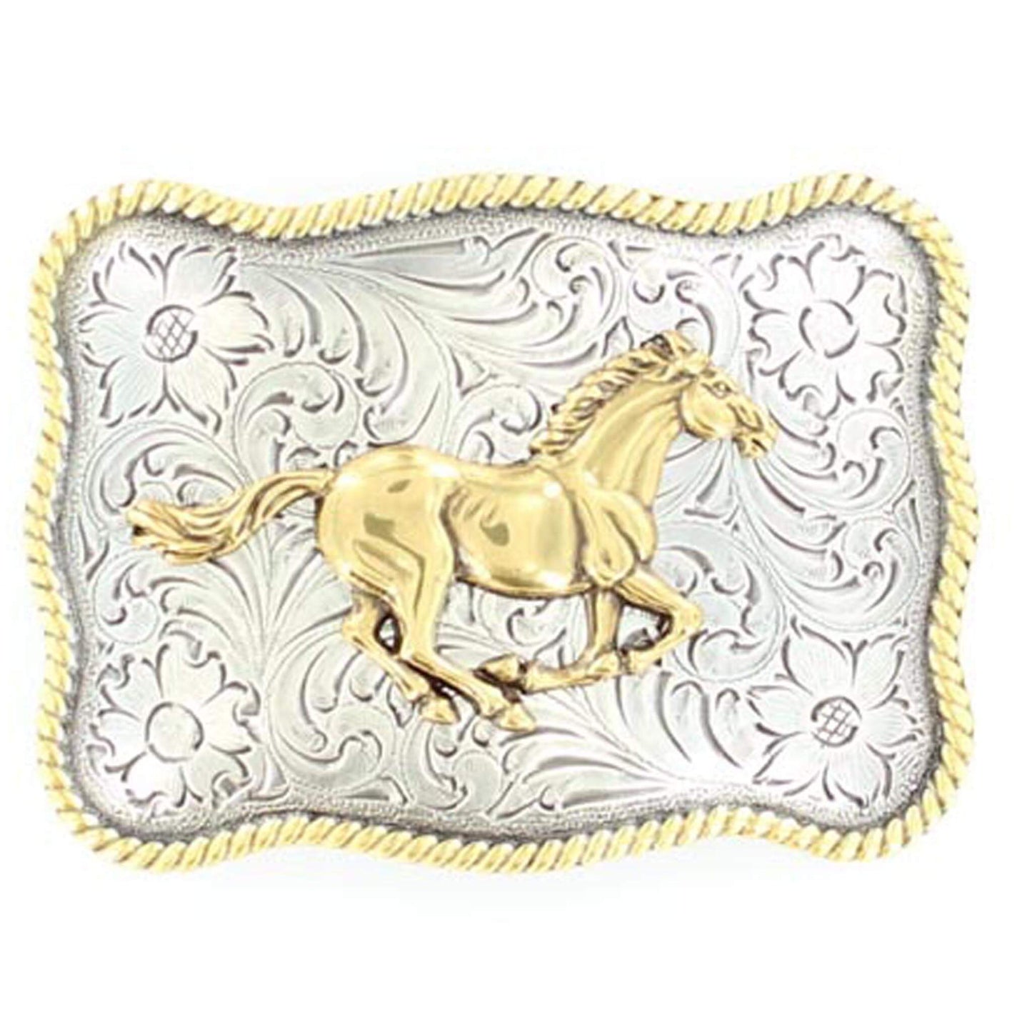 Nocona men's western buckle features a silver rectangle shaped buckle with a gold rope edge accented with a gold running horse in the center. Measures: 2 ¾" X 3 ¾"