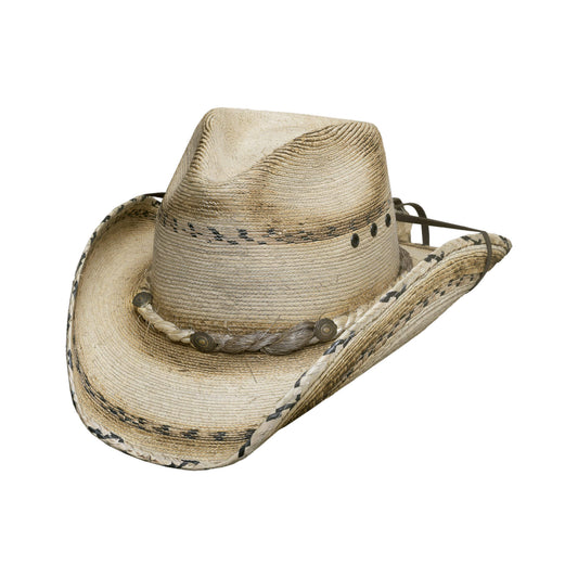 The Running Iron straw hat can go on or off the ranch with a soft wire for shaping in a burnished finish, crown ventilation and a handy stampede string to keep it in place, a good choice for a windy day. This palm leaf hat has that rugged on-the-range look and features sweating and dusting, contrasting patterned bands, and a large twisted rope hat band with Conchos.