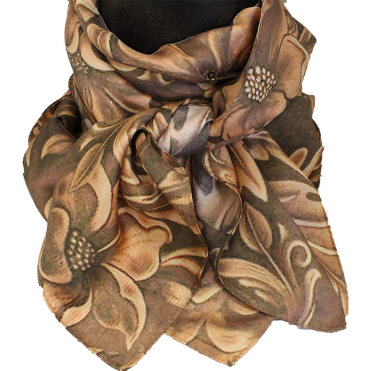 Floral patterned scarf in brown and beige on a white background