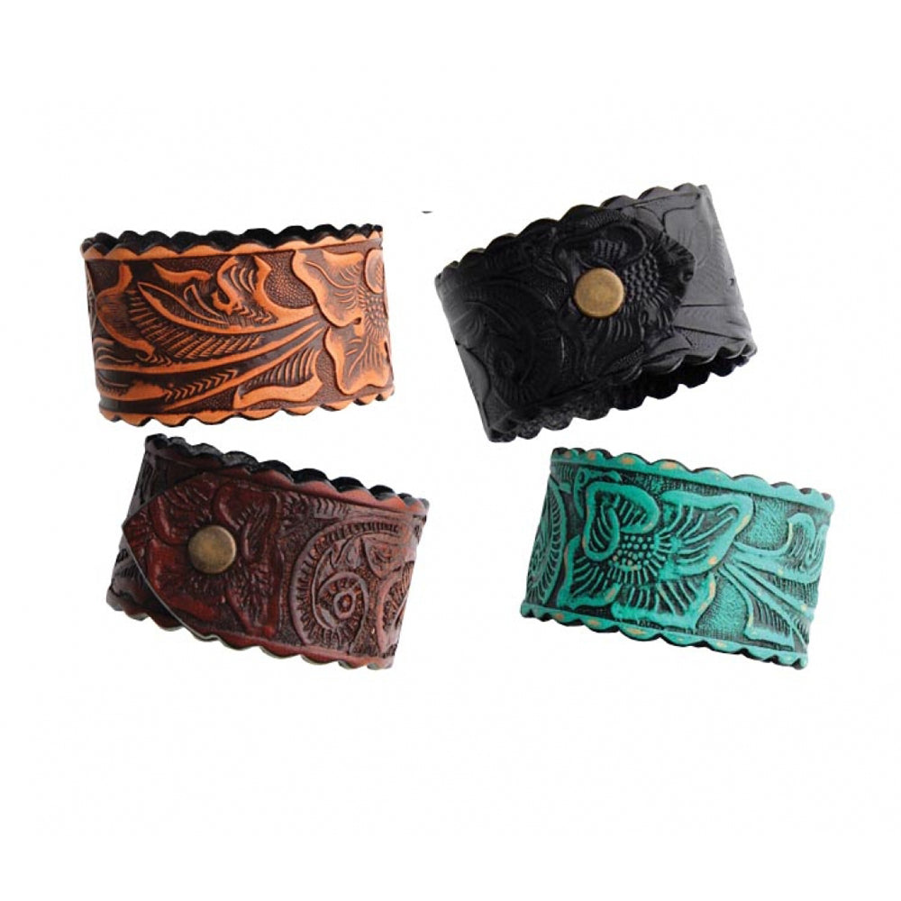 Hand-crafted tooled Leather wide-band bracelet with a scalloped edge. Snap-closure will fit up to 7-½” wrist and is 1-½” wide. Made in USA. 