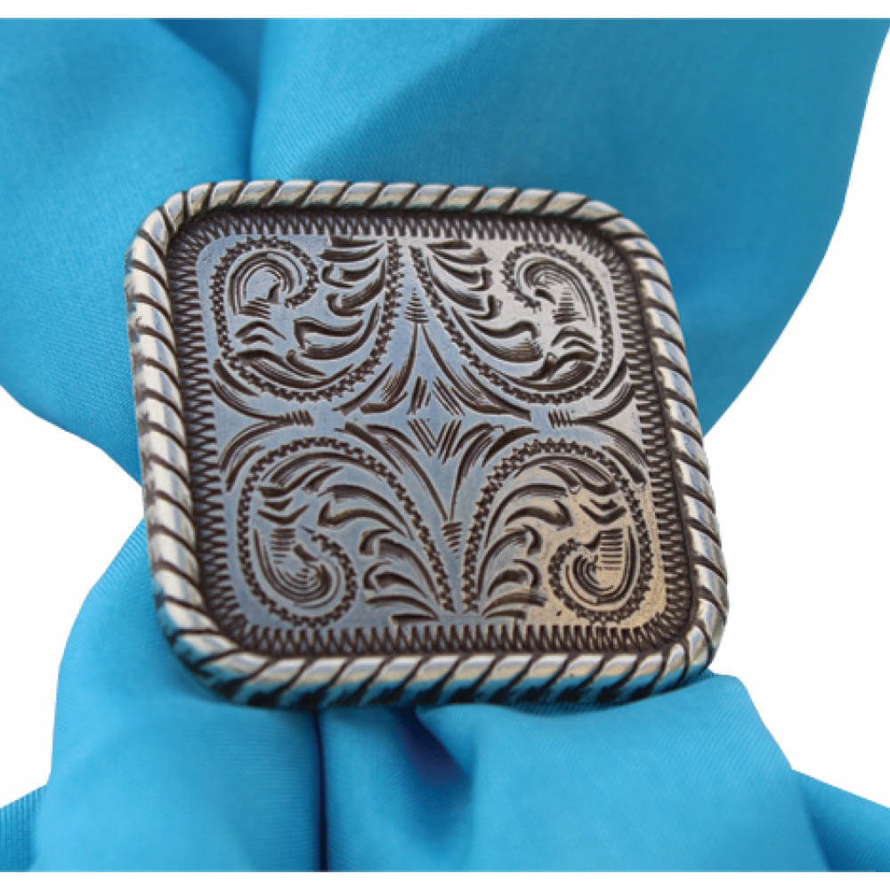 Secure your wild rag with a Cattle Kate Scarf Slide. This design features a silver square Concho with rope edge measuring 1-1/2" square, this slide is sure to last.