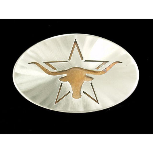 This unique belt buckle made in Alaska is made of stainless steel with steer head design. Polished stainless steel and the copper color comes from heating the stainless to approx. 400 degrees. Fits a 1-1/2" belt and while it is very unique they are sure to go with any cowboy attire. Made in USA.