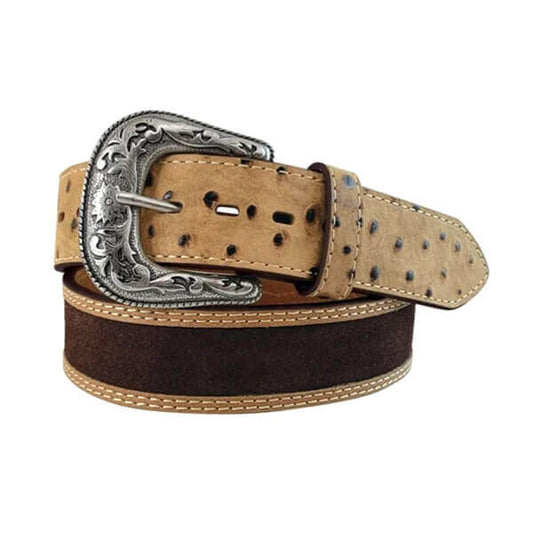 Two-tone leather belt with a large silver buckle on a white background