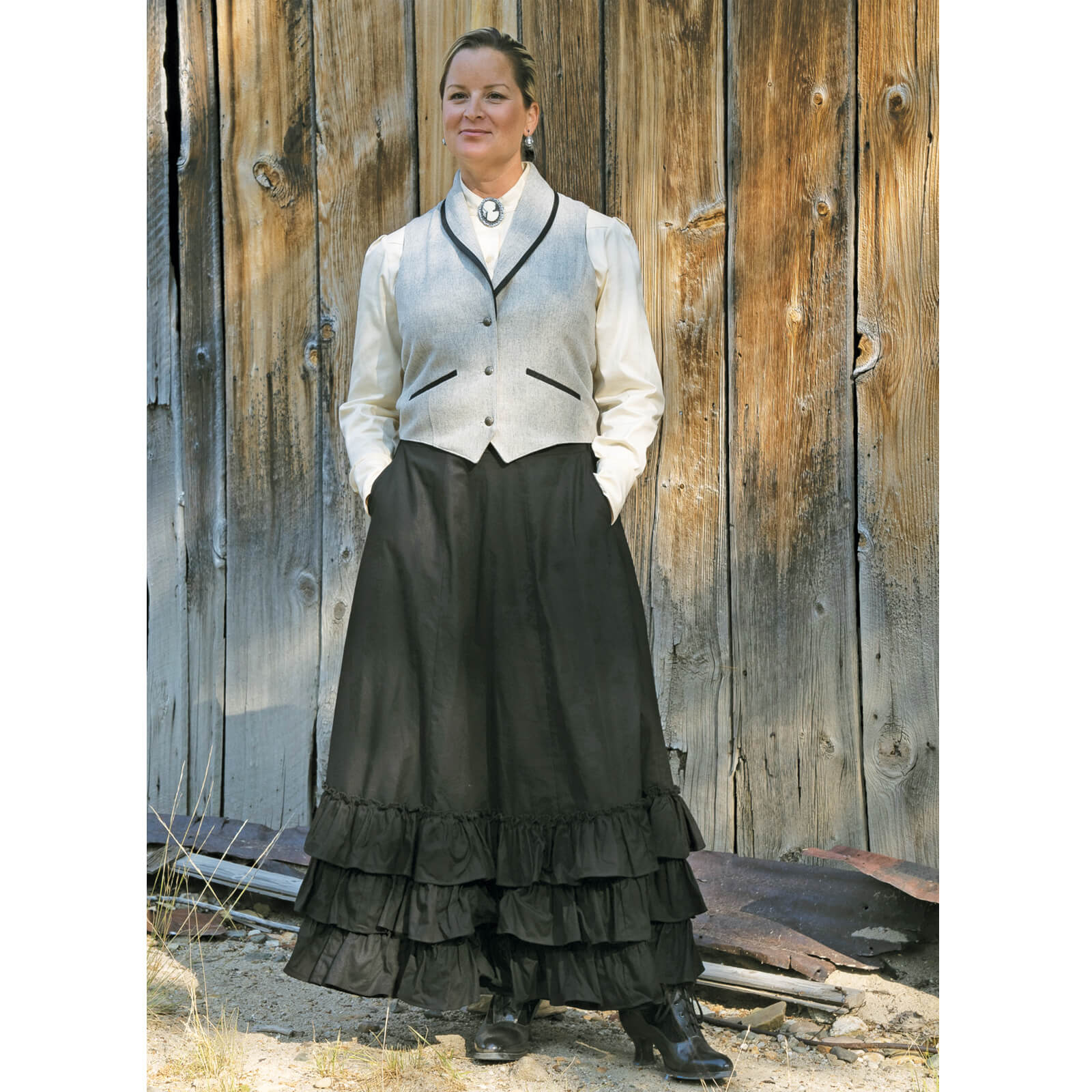 Step back in style! Our Sagebrush Swisher Skirt has lots of fabric for a big swish! Made of eight gores with three layers of fabric at the bottom and an elastic waist in the back make this skirt fun to wear. Comes with two inseam side pockets. Offered in 100% cotton fabric. Made in USA