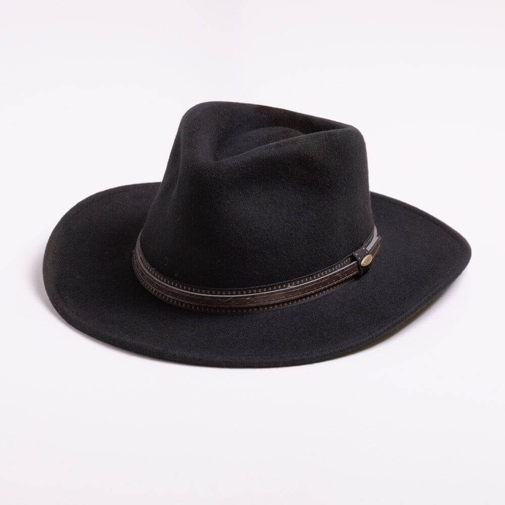 Black fedora hat with a brown band on a white background