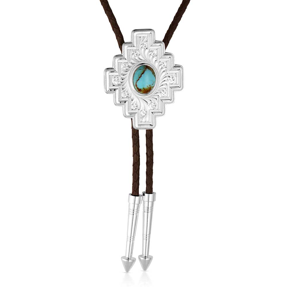 Santa Fe Turquoise Men's Western Bolo Tie with a beautifully set turquoise stone and intricate silver detailing.