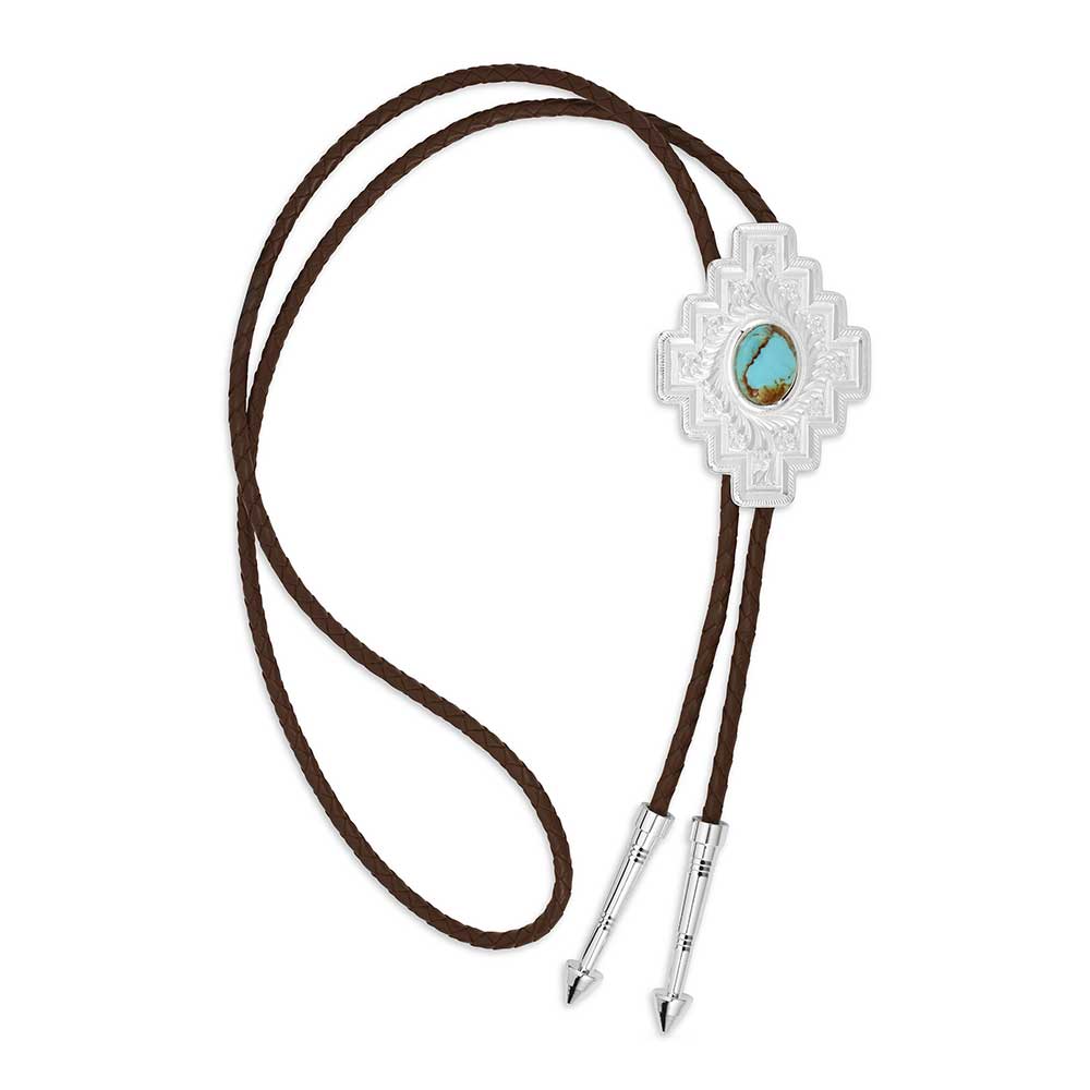 Santa Fe Turquoise Men's Western Bolo Tie with decorative silver clasp and brown leather cords.