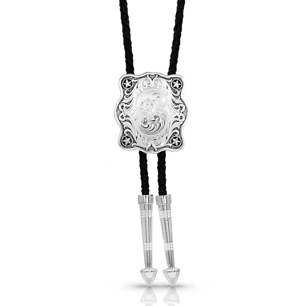 Strung on a handsome braided leather cord this scalloped bolo tie is an easy choice for evening flair. Crafted in gleaming silver tone with a wonderful scalloped edge it is accented with stars at either corner and surrounded by artistic flourishes. This dapper Scalloped Square Bolo Tie has coordinating silver finished tips to create just the right look for any occasion.