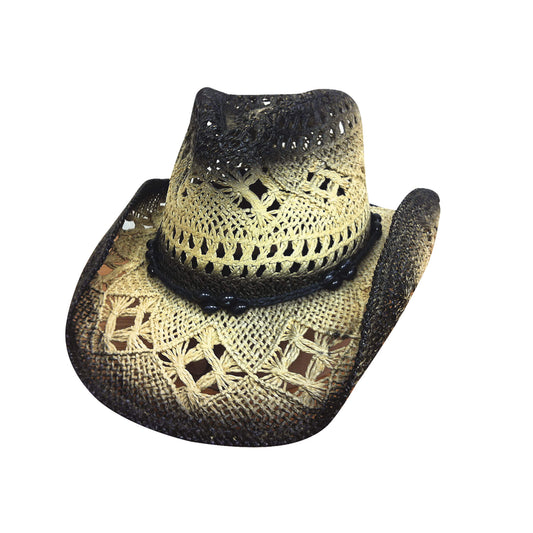 The Scorched from Bullhide has been “burned” for a weathered look that surely is smokin’. This nontraditional cowgirl hat includes an all over crocheted weave, and a string hat band with beads. It also features a rolled shapeable brim.