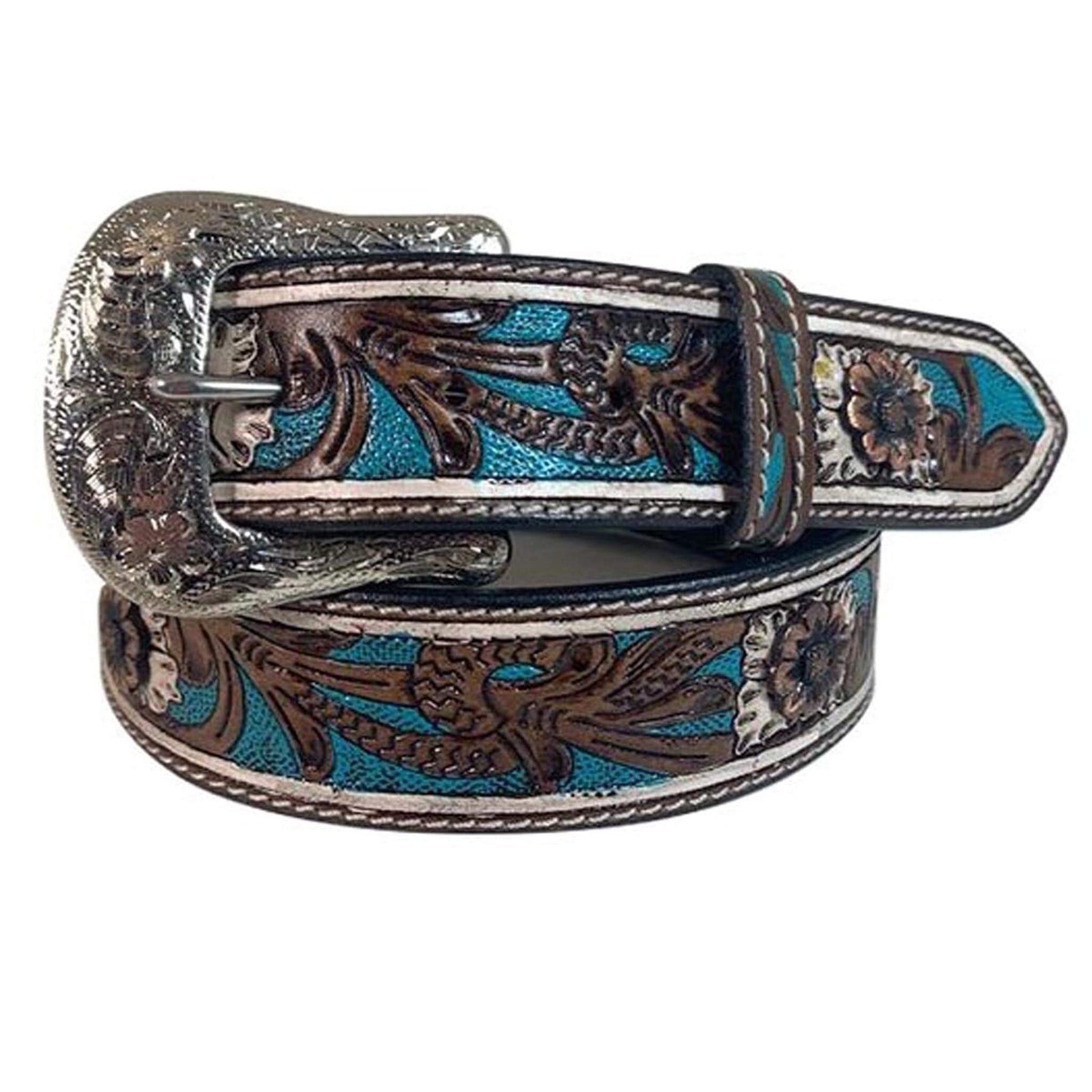 Genuine Leather belt with floral hand tooled strap, turquoise painted background, hand painted white flowers centered with a flower concho, single contrast stitched edges, and removable buckle in silver finish. 