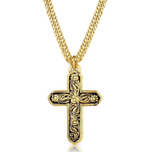 Gold cross pendant necklace on a white background