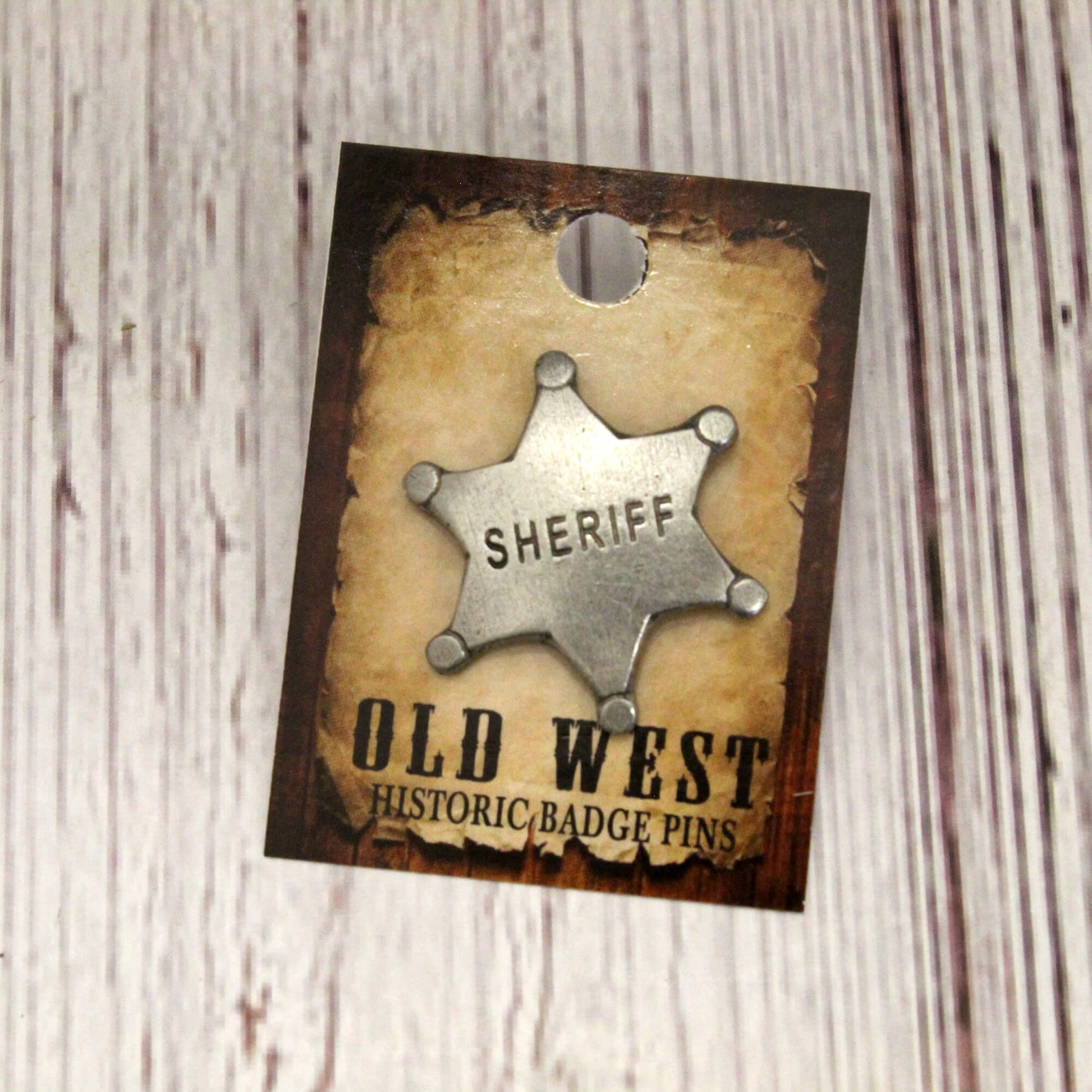 Sheriff badge pin on a 'Old West Historic Badge Pins' card with a rustic background.