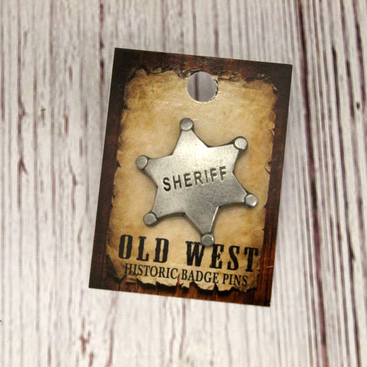 Sheriff badge pin on a 'Old West Historic Badge Pins' card with a rustic background.