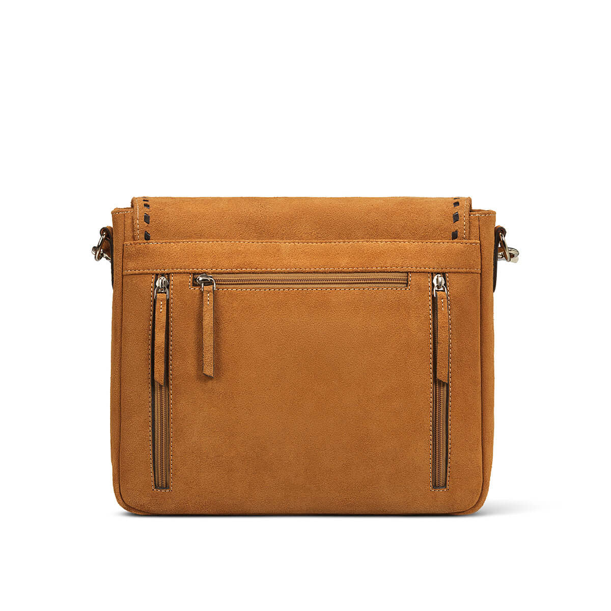 A tan suede crossbody bag with multiple zippered pockets and silver-tone hardware, photographed against a solid white background.