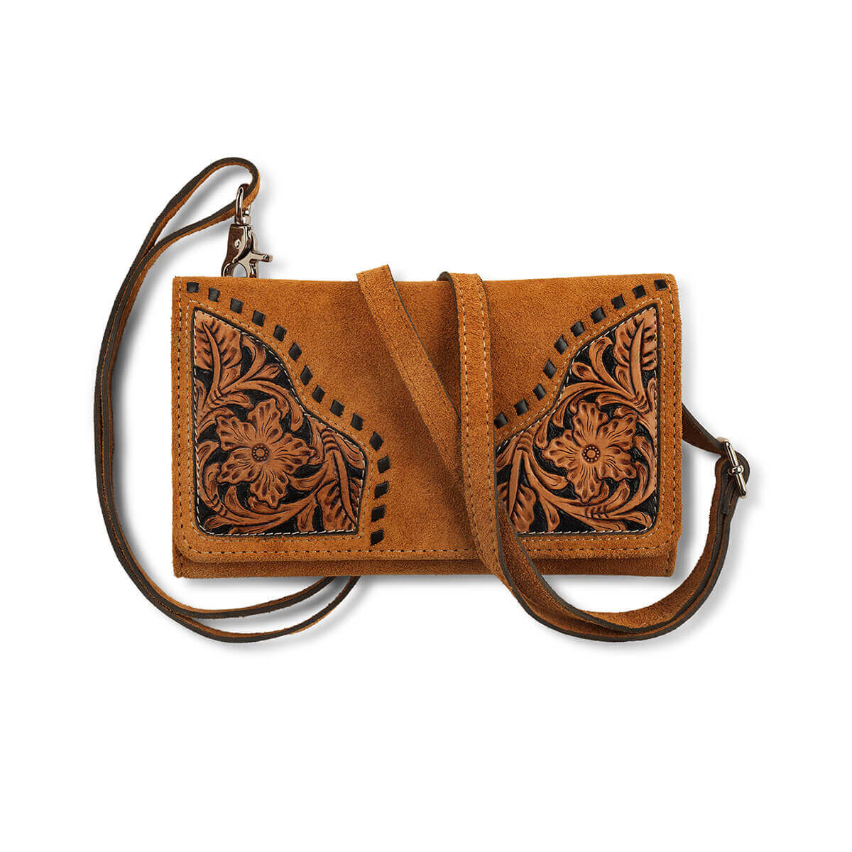 Brown leather crossbody bag with floral patterns on a white background