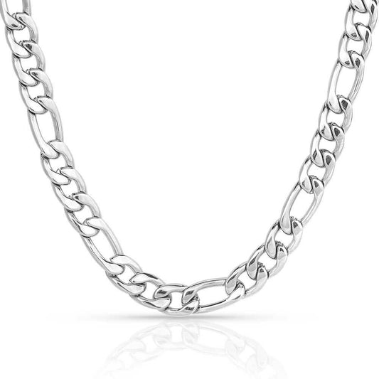 This is a must have for your collection, no matter what you pair this necklace with it is sure to look great. The silver tone figaro chain features varying sizes of round long and short links to add interest and detail to the chain. The 22 inch silver tone chain is the perfect length to pair with any shirt for an understated look. Made of Stainless steel.