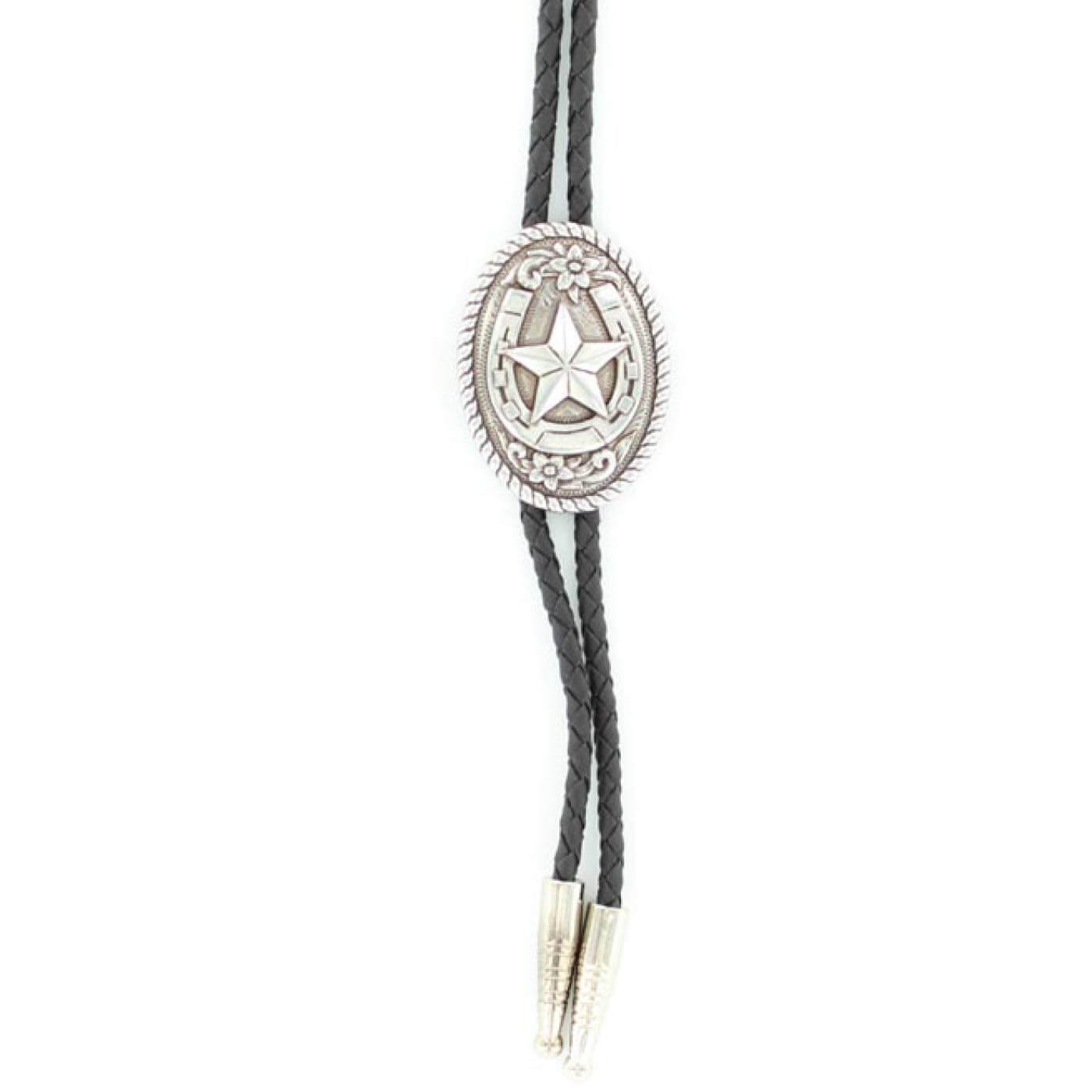 The official neckwear of cowboys, the bolo tie. Here is a classic look of a star in center of horseshoe design. Black leather braided neck with coordinating tips. 36" long