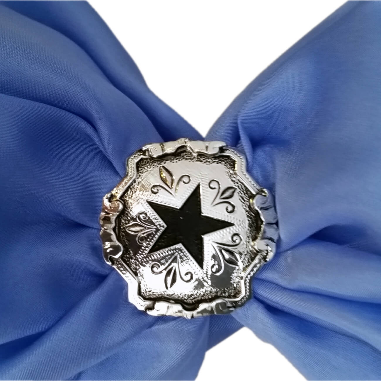 A very unique new design with a lot of detail and black leather looking star centered in the middle. Great style for men and women. Measures about 1-1/2".