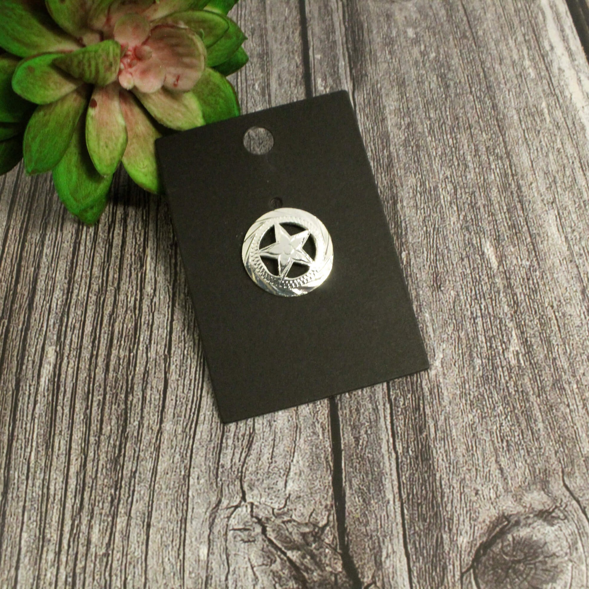 Silver star-shaped pin on a black card with a green plant in the corner on a wooden surface