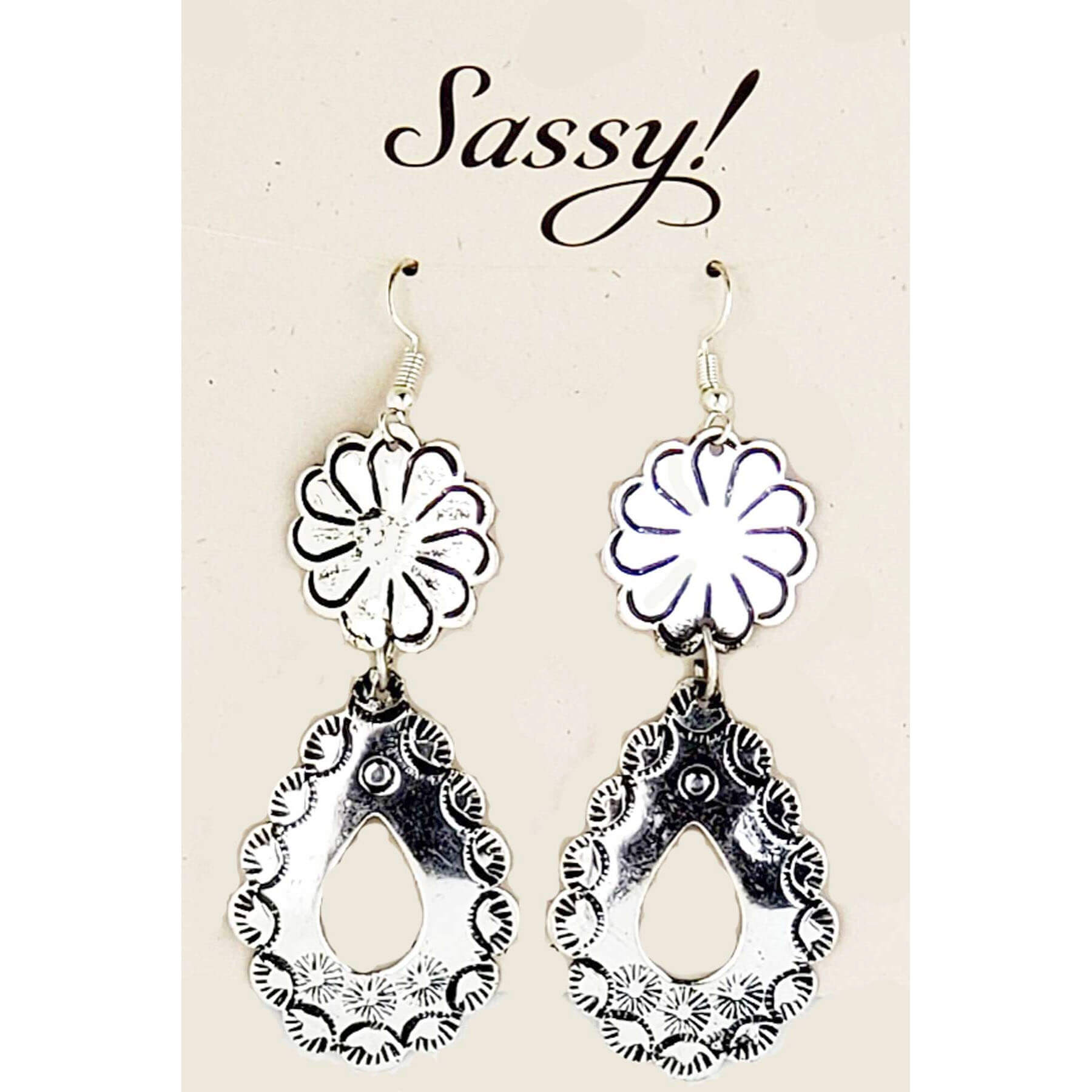 Long dangle adds flair to any outfit. Silver-tone floral motif plus an embossed hollow-center teardrop as a dangle. Measures 2.5″ from bottom of hypoallergenic ear wire to bottom of earring.