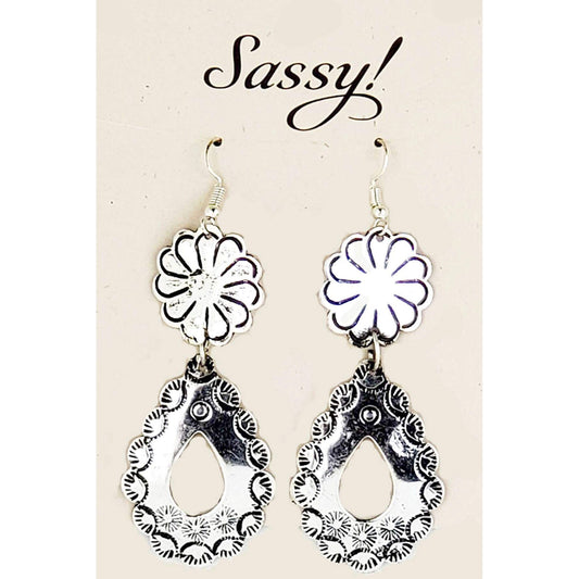 Long dangle adds flair to any outfit. Silver-tone floral motif plus an embossed hollow-center teardrop as a dangle. Measures 2.5″ from bottom of hypoallergenic ear wire to bottom of earring.