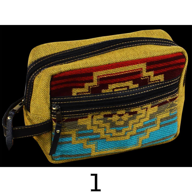 Yellow toiletry bag with geometric pattern on a white background