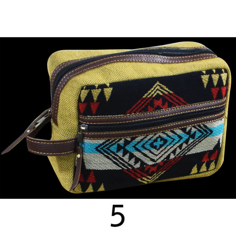 Multicolored patterned pouch with a zipper on a black background