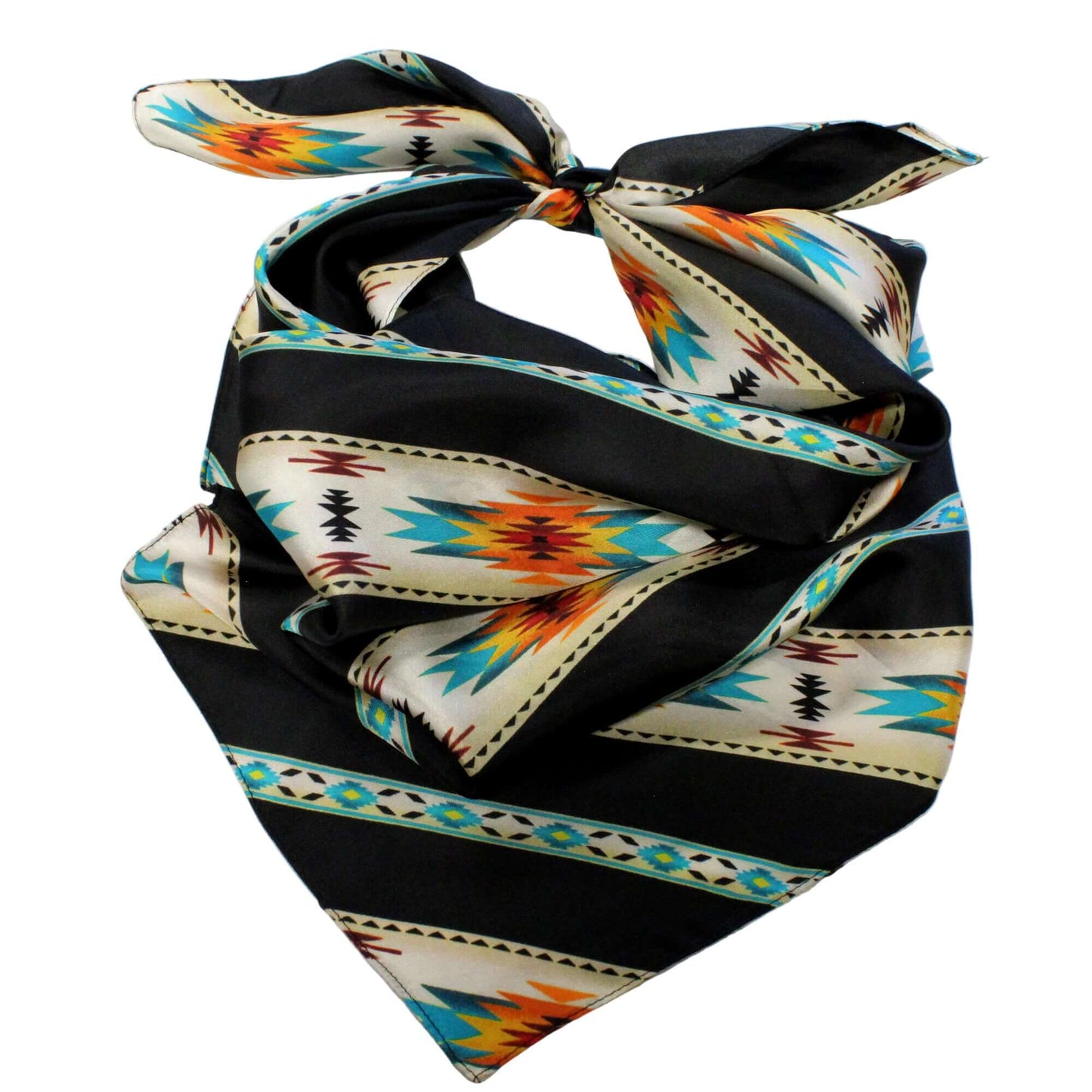 Colorful patterned scarf tied in a knot on a wooden surface