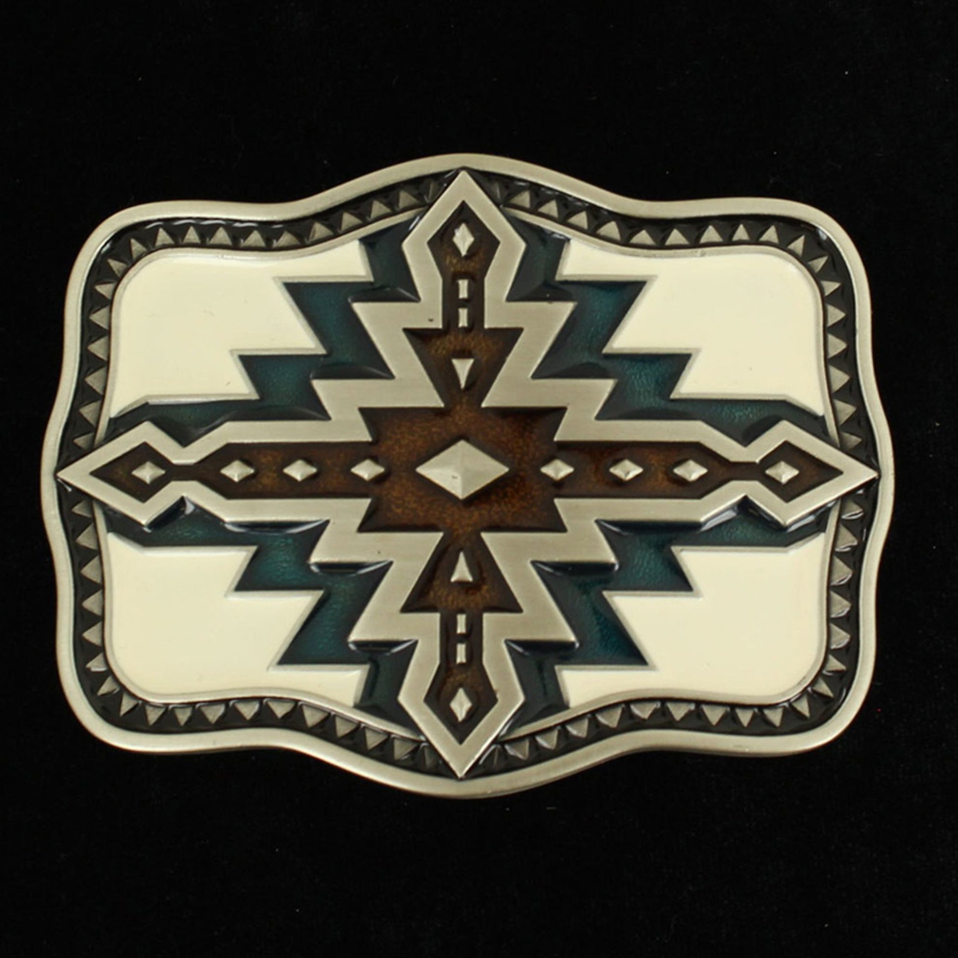 This rectangle men's western buckle is antique silver with a black epoxy edges. Ivory, blue and brown western cross in the center of the buckle. It measures 2-7/8 x 3-3/4. Makes a great a look to your western belt.