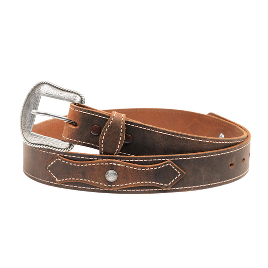 This new men's western belt has a great classic look in a sturdy, distressed leather with concho accent built for the trail ahead. Measures 1-1/2" wide in full-grain leather with removable buckle. Made for those who value authentic country q