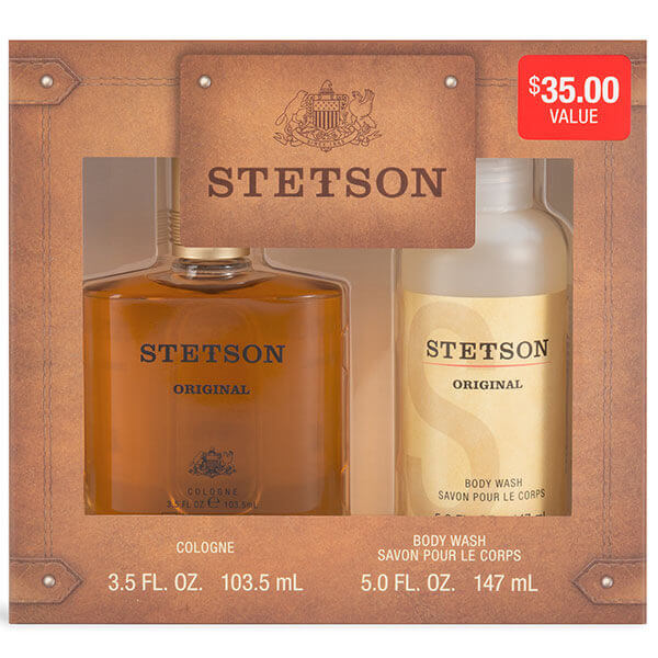 Stetson cologne and body wash set in a leather-style box with a price tag.