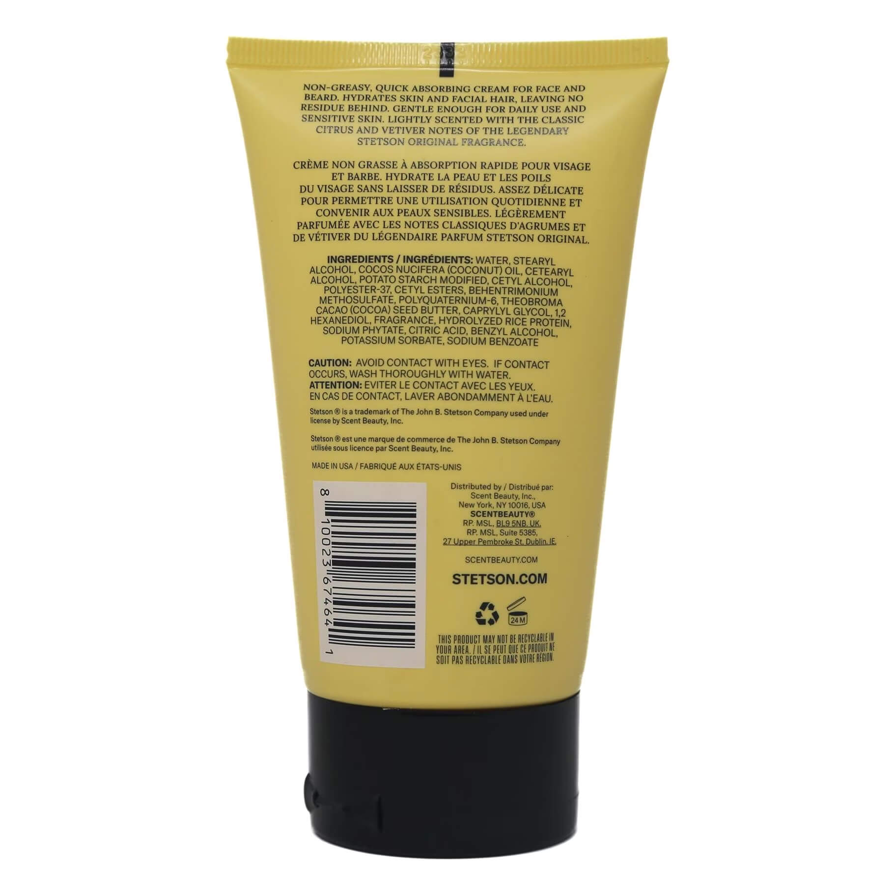 Back view of a yellow skincare product tube with text and branding.