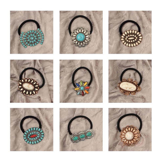 Colorful stone Concho ponytail holders for the western lady. Choose from multiple color options for the perfect look to your style. Adds a western flair to your regular ponytail, and when you are not wearing it can make for a cute bracelet. Comes with a think durable black elastic band.