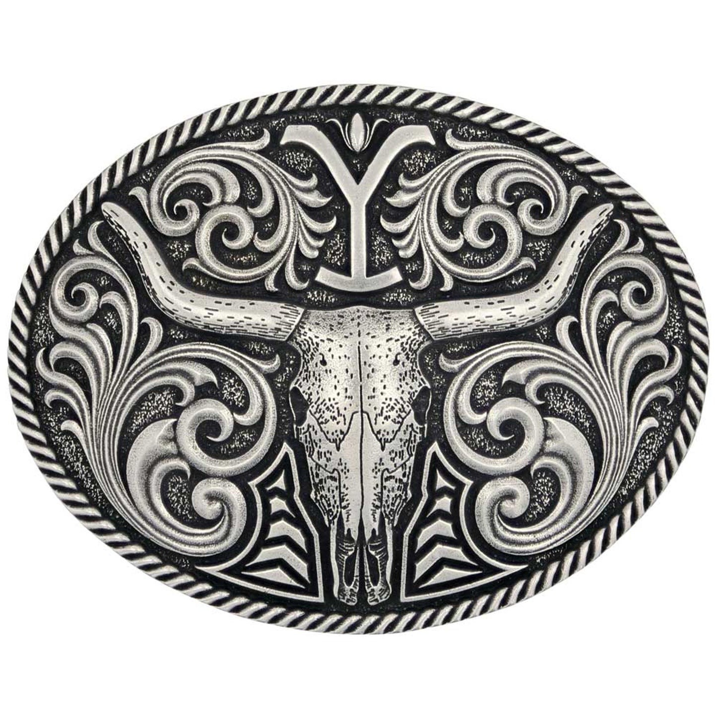 Inspired by the Montana based tv show Yellowstone from Paramount, this Strength of Yellowstone Attitude buckle is a must-have for any fan. The silver tone buckle features the Dutton Family Y brand at the top of the buckle. A longhorn is in the center of the buckle surrounded by filigree that fill the background. A rope edge finishes the strong design. Standard 1.5 inch belt swivel.Silver over a white metal alloy. Paint. Approximately 3"x4"