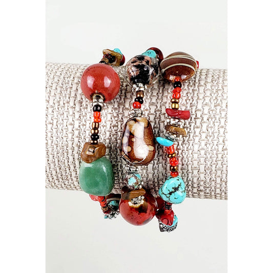 Colorful combinations of stones and beads of glass, porcelain, aventurine, coral, mag turquoise and tiger-eye on 3 strands. Wear one, two or all three. One size fits most.