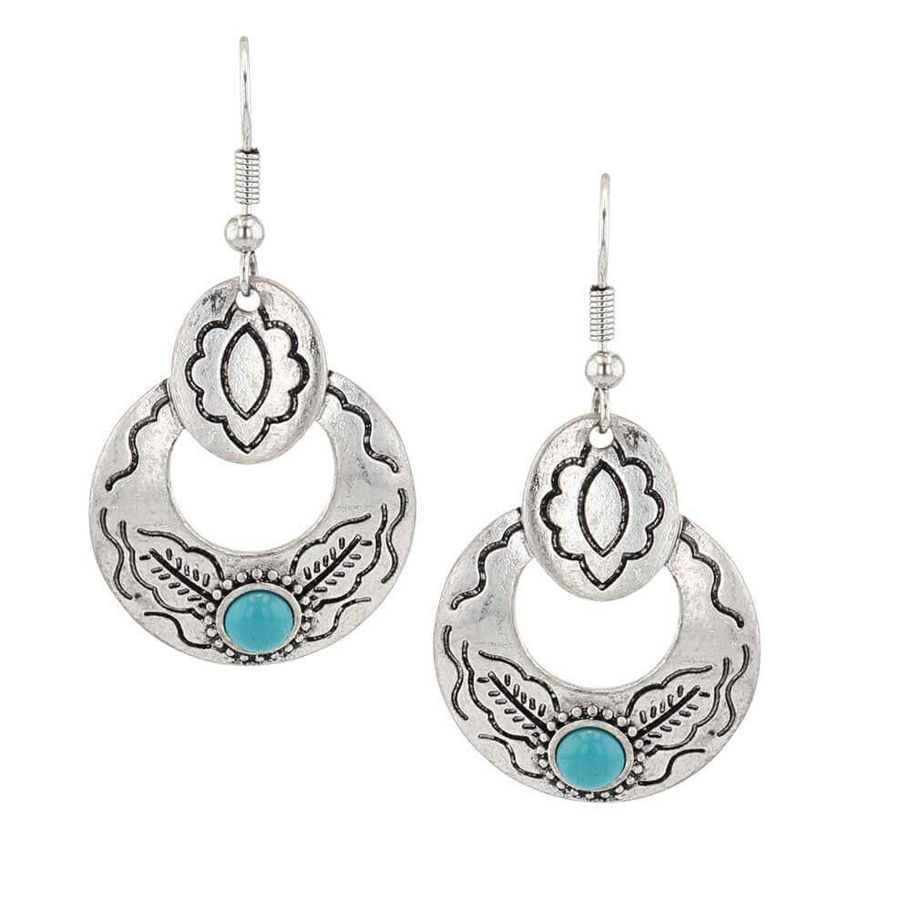 Subtle Southwest Attitude Ladies Earrings featuring silver tone hoops and turquoise accents with intricate Southwest patterns.