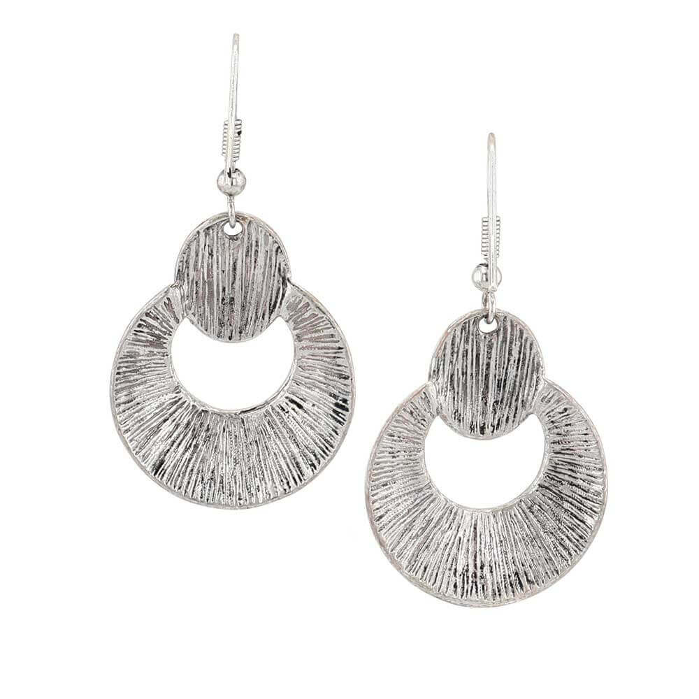 Subtle Southwest Attitude Ladies Earrings featuring silver tone with textured hoop design and traditional patterns.