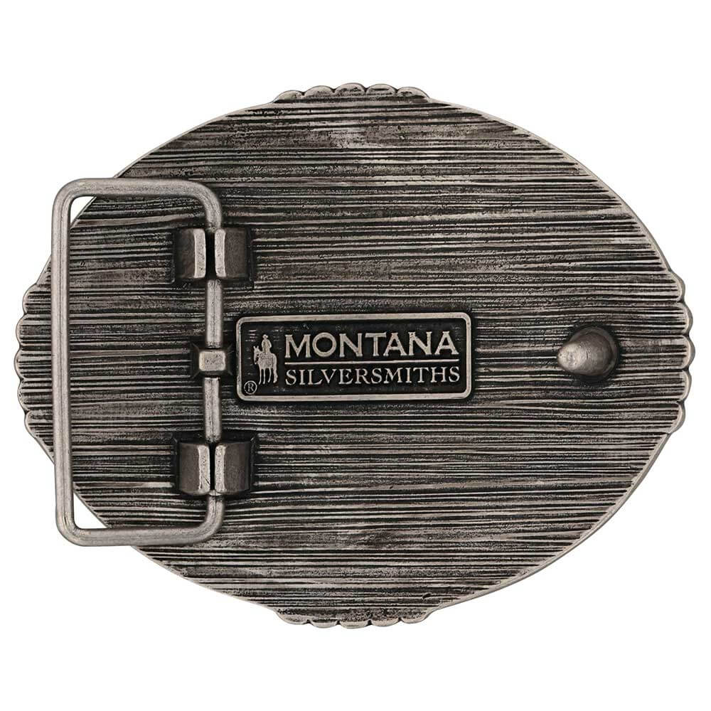 Metallic belt buckle with 'Montana Silversmiths' logo on a white background