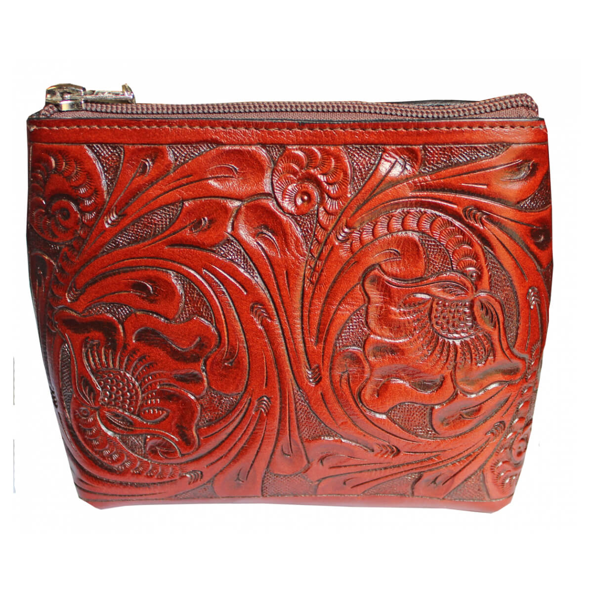 Hand-carved leather handbag is great small carrying purse or cosmetic case. Zipper closure. Approximate size 7” X 5”