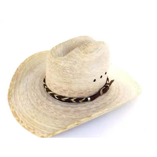 The hatband makes the hat that makes the cowboy. A two-toned braid of authentic horse hair is finishes with leather ends and a silver buckle closure. The braid is 3/8 inch wide and adjusts to fit most hat sizes. Made in USA