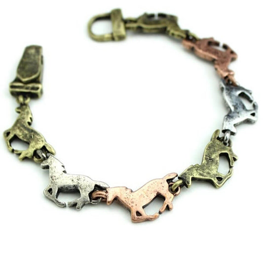 Capture the beauty and freedom of this three running horse stylish bracelet for all ages. Available on black or brown cord, this bracelet is a timeless piece of jewelry for every horse lover. Bracelet measures 7” long with a magnetic secure magnetic closure. Made of Rhodium Plated metal alloy and synthetic braided leather, each piece is lead free, nickel free and hypo-allergenic.