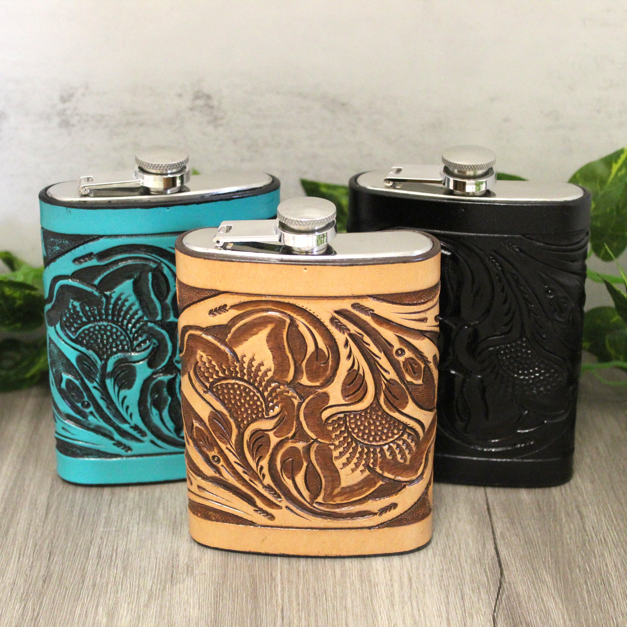 Hand factory tooled leather wrapped flask