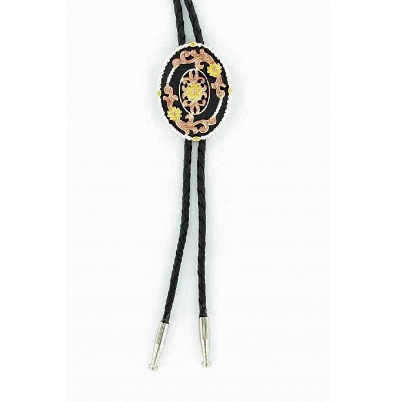 The floral pattern on this bolo tie is crafted using gold, silver, and copper colors. On the black background, they appear bold yet classic.