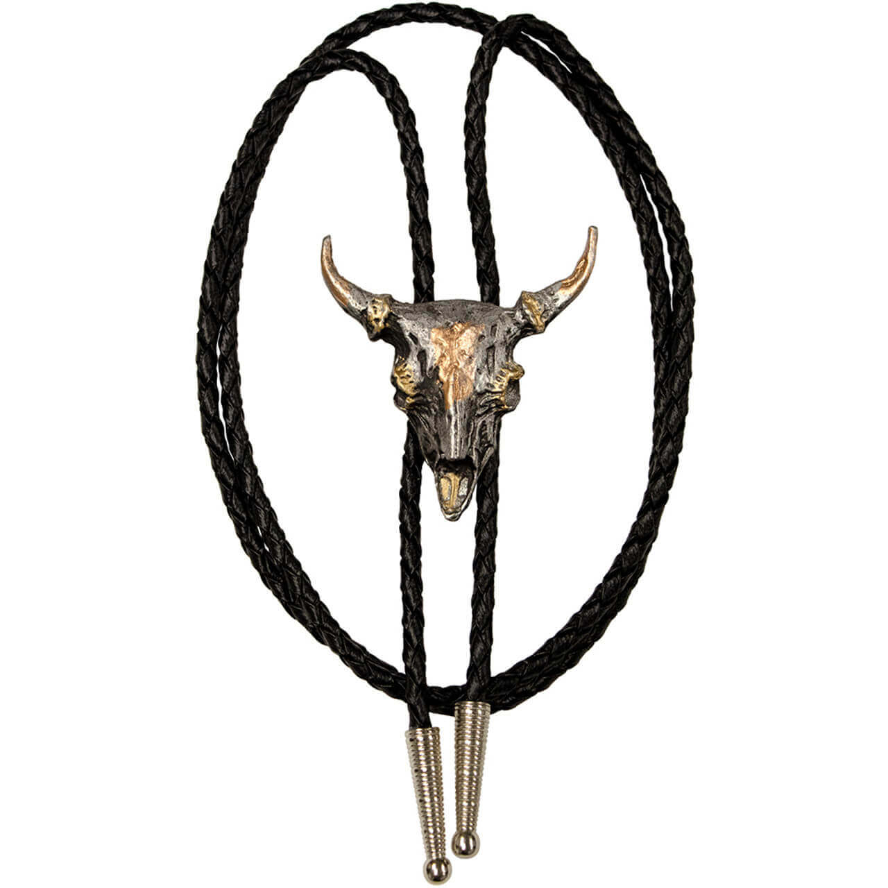 This striking tri-color steer skull bolo tie features a meticulously crafted bull head design, complete with a rope accent, symbolizing rugged elegance. Suspended on a durable 36-inch vinyl cord, it is complemented by 1-inch nickel-plated zinc alloy tips, ensuring both style and longevity.