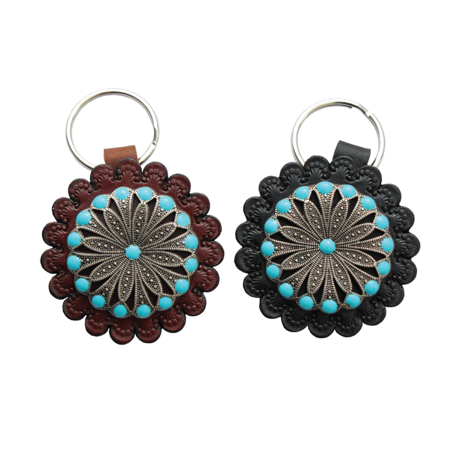 Silver Concho accented with turquoise on a scalloped leather rosette. Shop western key ring, western keychains, western key holder and horseshoe keychains. Unique western keychains for cowgirls and equine enthusiasts. 2” Diameter