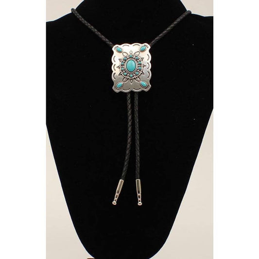 Stylish black bolo tie with a silver colored rectangle western Concho with turquoise stones slide. Black braided cord 36” long.