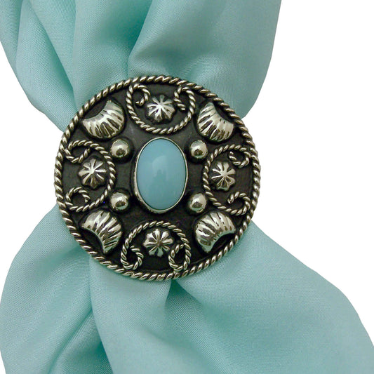 This scarf slide looks great on a western silk scarf  or wild rag. It has a unique rope design surrounding an oval turquoise stone. Measures 1-1/2" diameter.